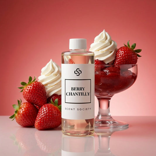 Bottle of 'Berry Chantilly' by Scent Society with strawberries and a dessert on a pink background