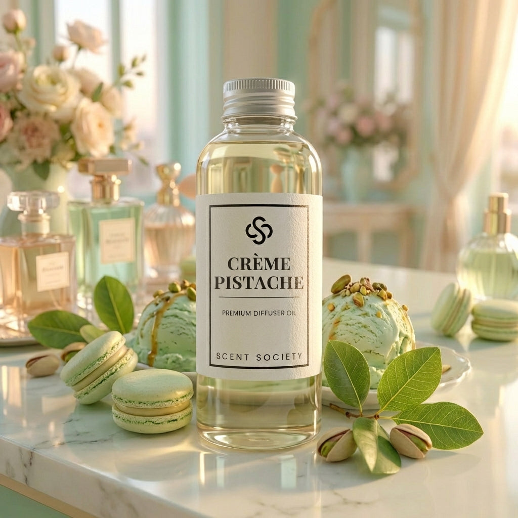 Bottle of Crème Pistache diffuser oil with macarons and pistachios on a decorative surface.