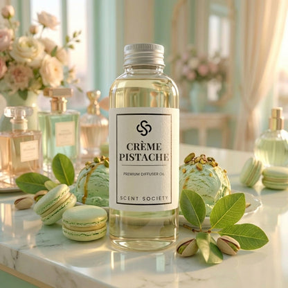 Bottle of Crème Pistache diffuser oil with macarons and pistachios on a decorative surface.