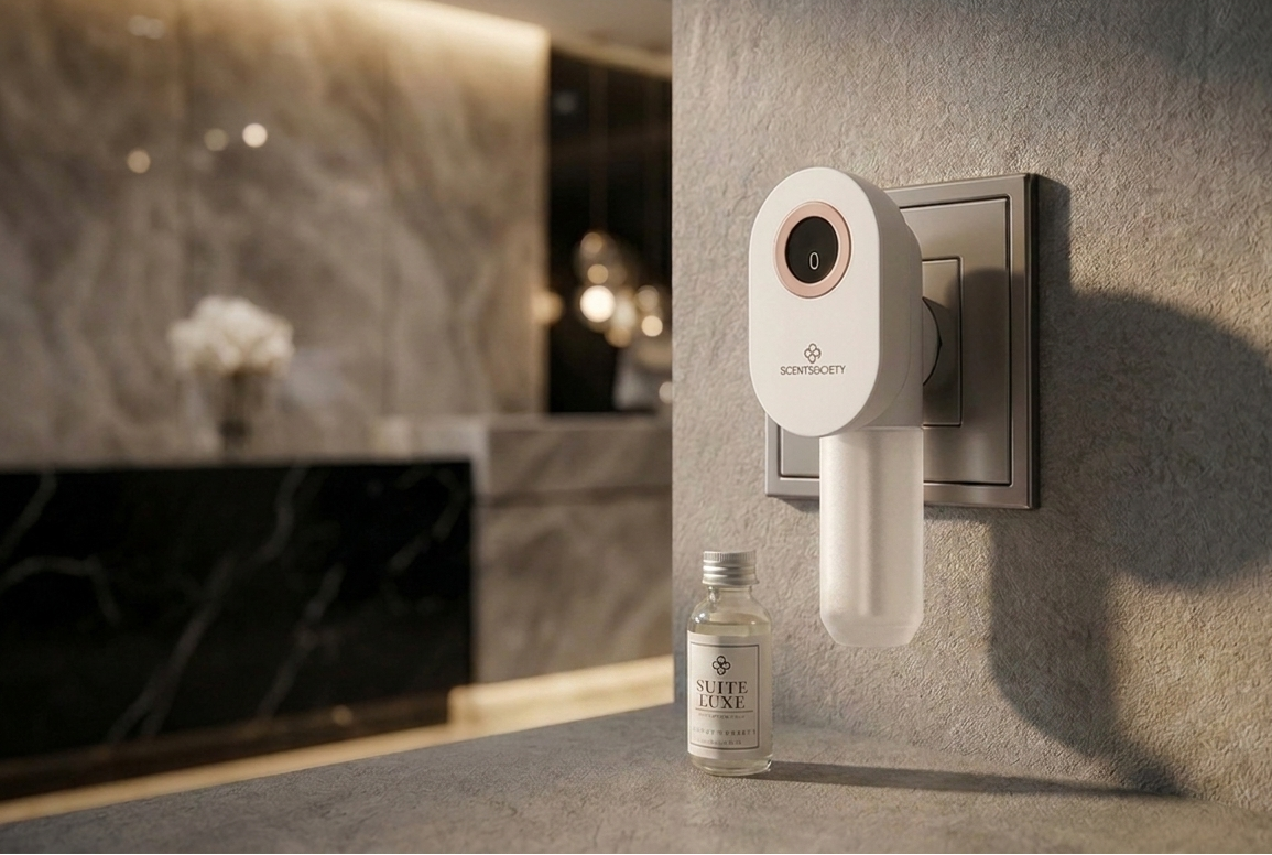 Scent Society Lobby Plug-In Smart scent diffuser on a wall with a bottle Scent Society Suite Luxe diffuser oil bottle  in a modern interior setting