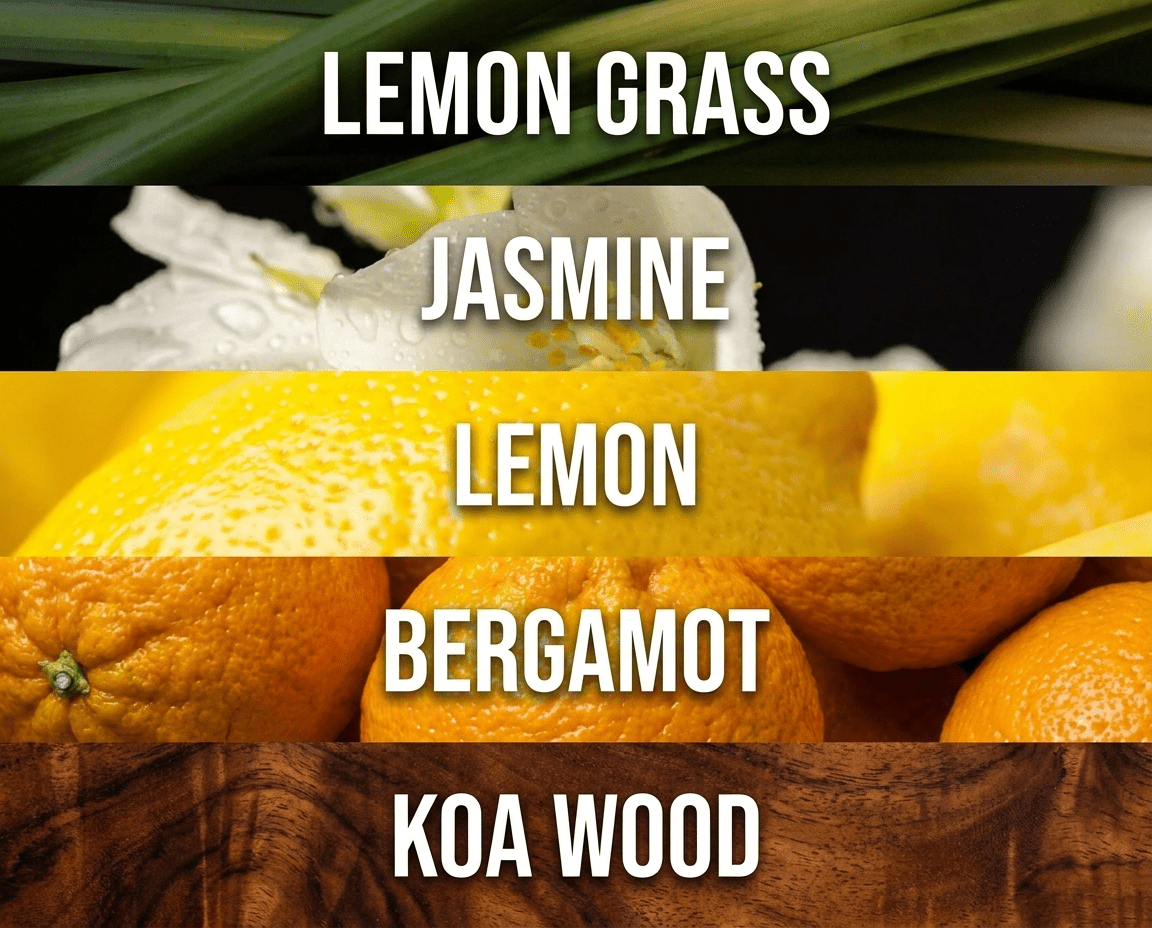 Collection of lemon grass, jasmine, lemon, bergamot, and koa wood visual image examples with labels underneath.