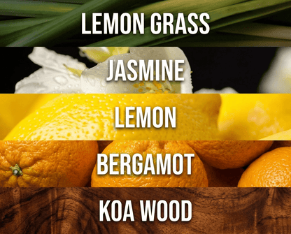 Collection of lemon grass, jasmine, lemon, bergamot, and koa wood visual image examples with labels underneath.