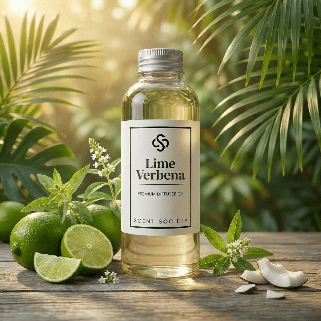 Bottle of Scent Society Lime Verbena diffuser oil with limes and leaves on a wooden surface