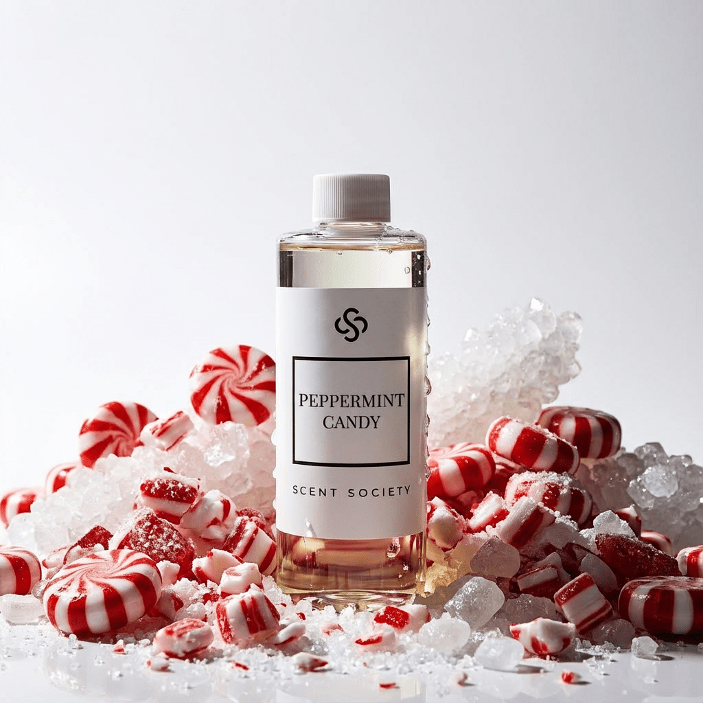 Scent Society Peppermint Candy diffuser oil bottle displayed upright on a white surface, surrounded by crushed peppermint candies and sugar crystals, photographed on a clean white background