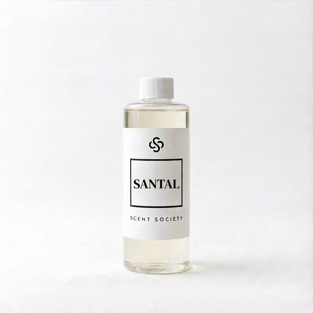 Scent Society Santal diffuser oil bottle with clear glass, minimalist label, and white background