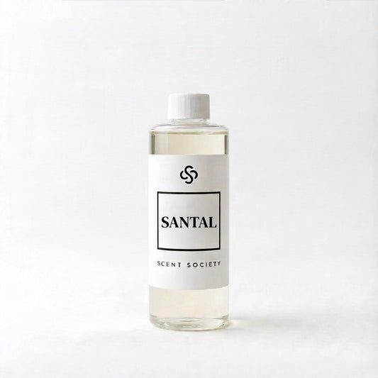 Scent Society Santal diffuser oil bottle with clear glass, minimalist label, and white background