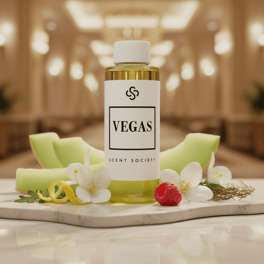 Vegas fragrance diffuser bottle from Scent Society on a decorative tray with melon and flowers in a luxury hotel setting.