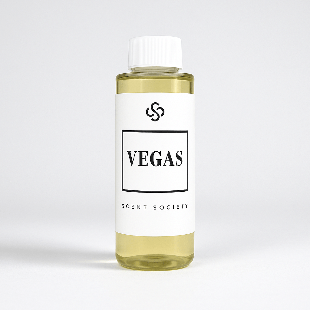 Scent Society Vegas fragrance diffuser oil , 100ml clear bottle with white label. Product image on neutral background.
