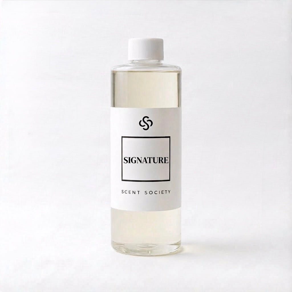Scent Society Signature diffuser oil bottle with clear glass, minimalist label, and white background