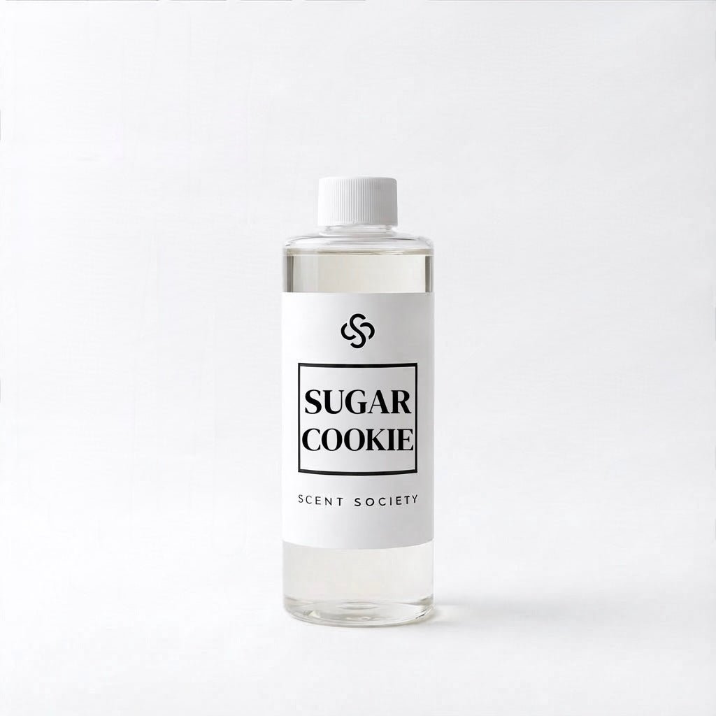 Bottle of 'Sugar Cookie' diffuser oil fragrance by Scent Society on a white background