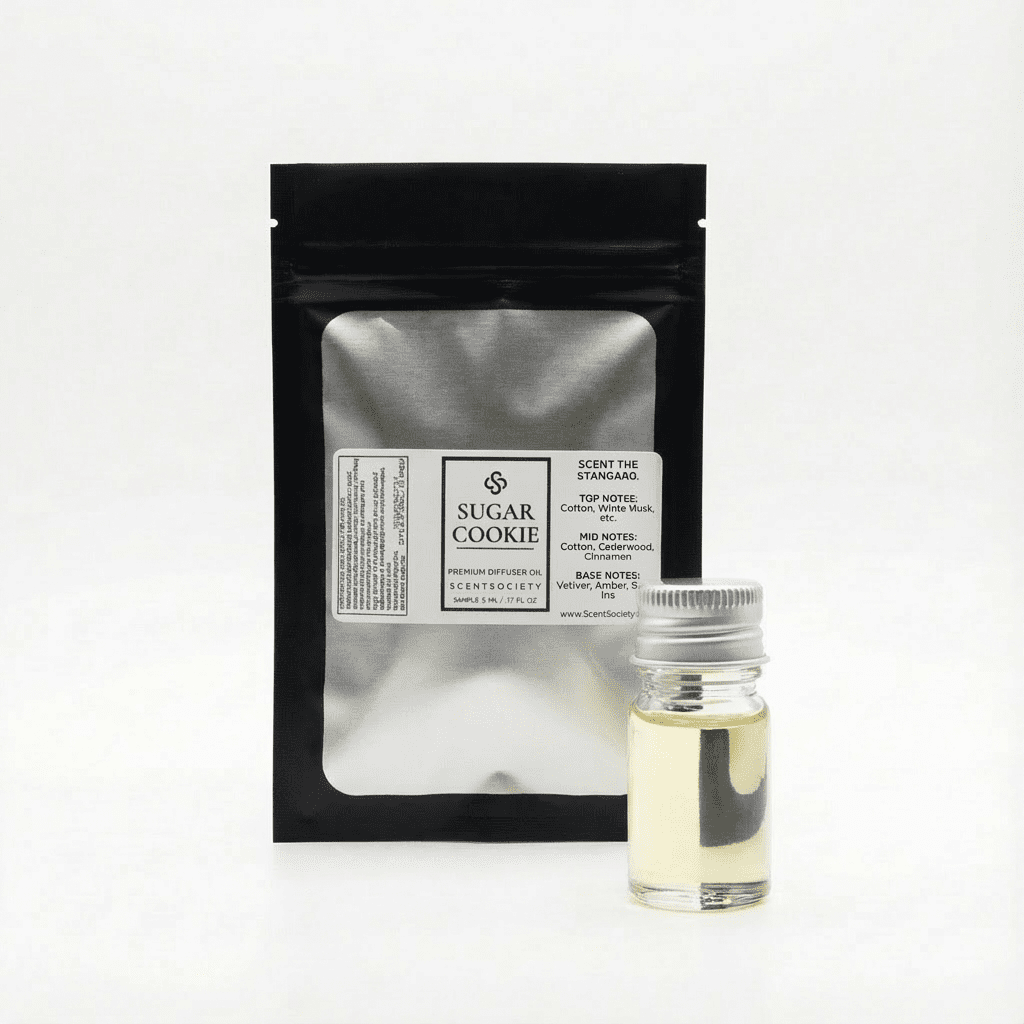 Scented oil packaging with a black pouch and small bottle on a white background