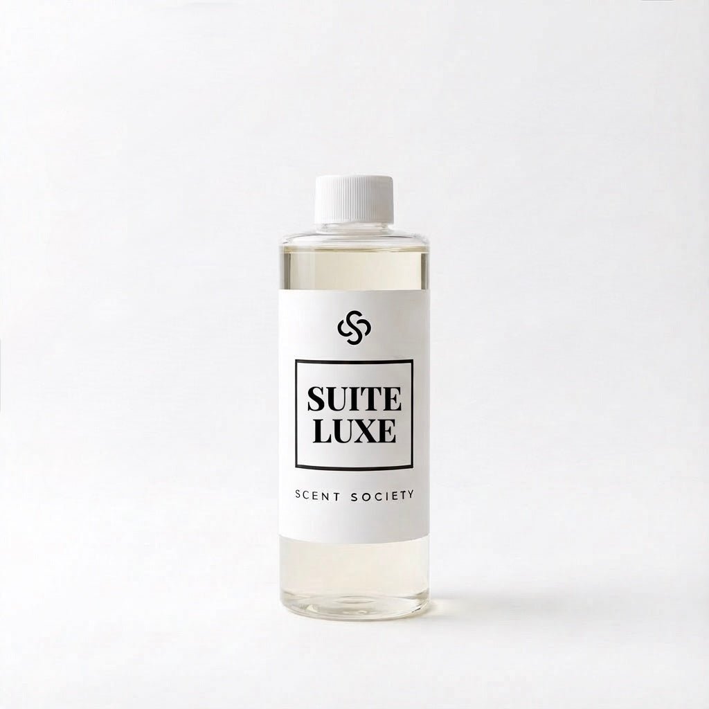 Scent Society's Suite Luxe clear diffuser oil bottle with white cap and white label on a white background