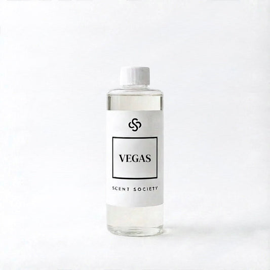 Scent Society Vegas diffuser oil bottle with white cap and white label on white background